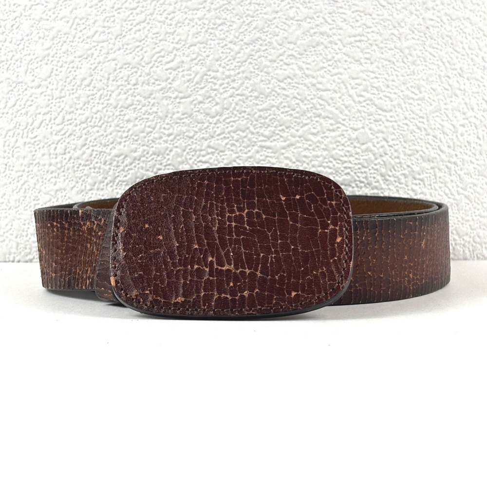 Leather Belt Mens L Brown 36-42 Inch Distressed Crackle Trophy Buckle
